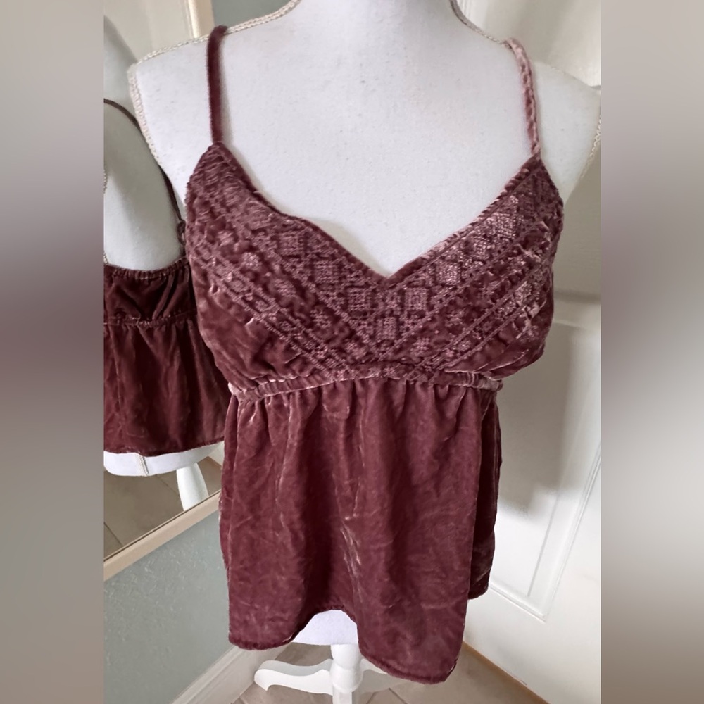 Lucky Brand Embroidered Velvet Cami Tank Top Rose Taupe Boho Festival Medium